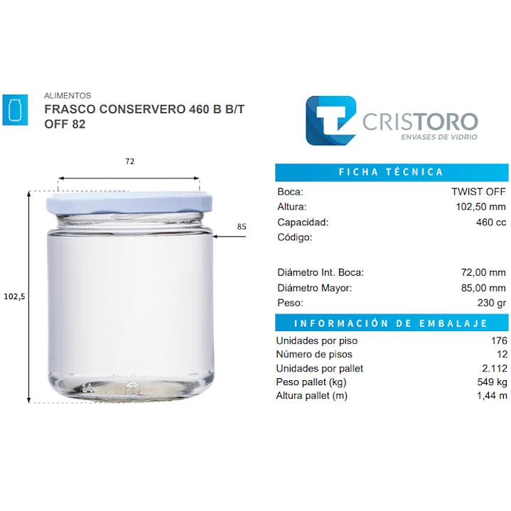 Frasco de Vidrio Conservero 460 ml Boca 82 mm – Pack 25 Unidades (Sin Tapa)