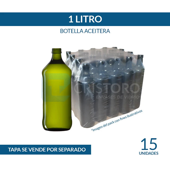 Botella de Vidrio Aceitera 1000 ml Verde Olivo Cilíndrica – Pack 15 Unidades