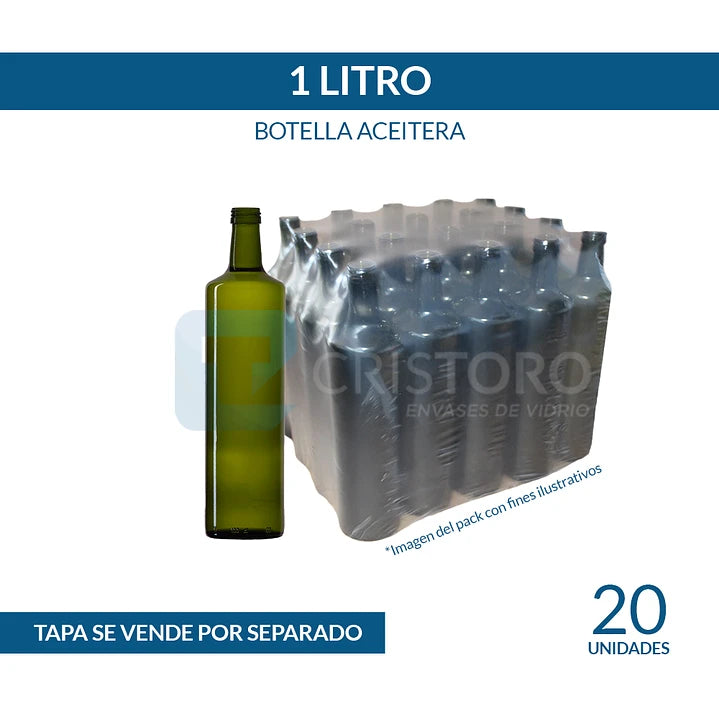 Botella de Vidrio Aceitera 1000 ml Verde Olivo Real – Pack 20 Unidades
