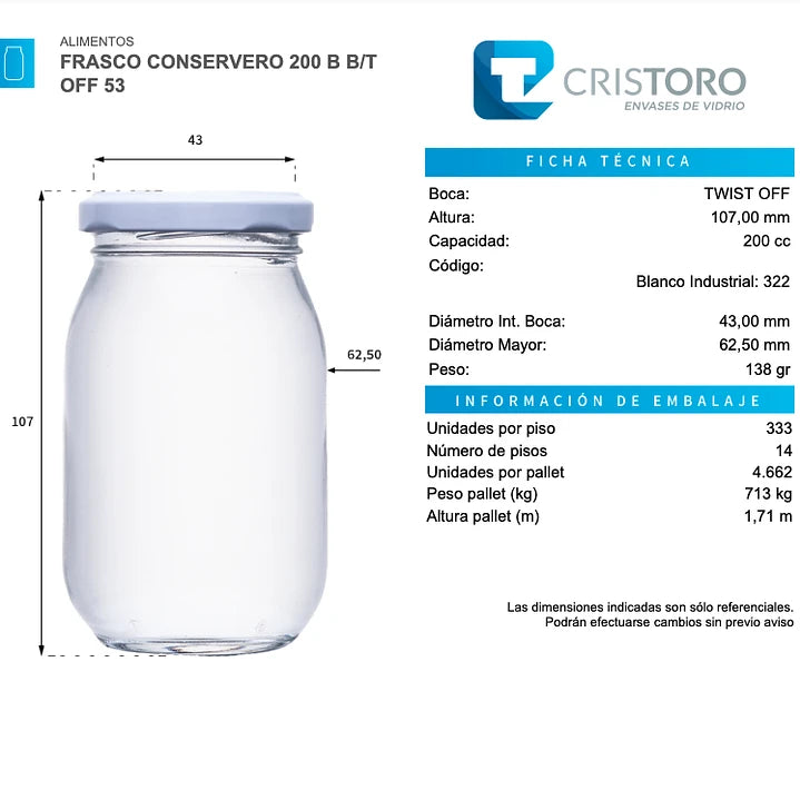 FRASCO VIDRIO CONSERVERO 200ml - PACK 36 UND.