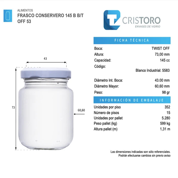 FRASCO VIDRIO CONSERVERO 145ml - PACK 36 UND.