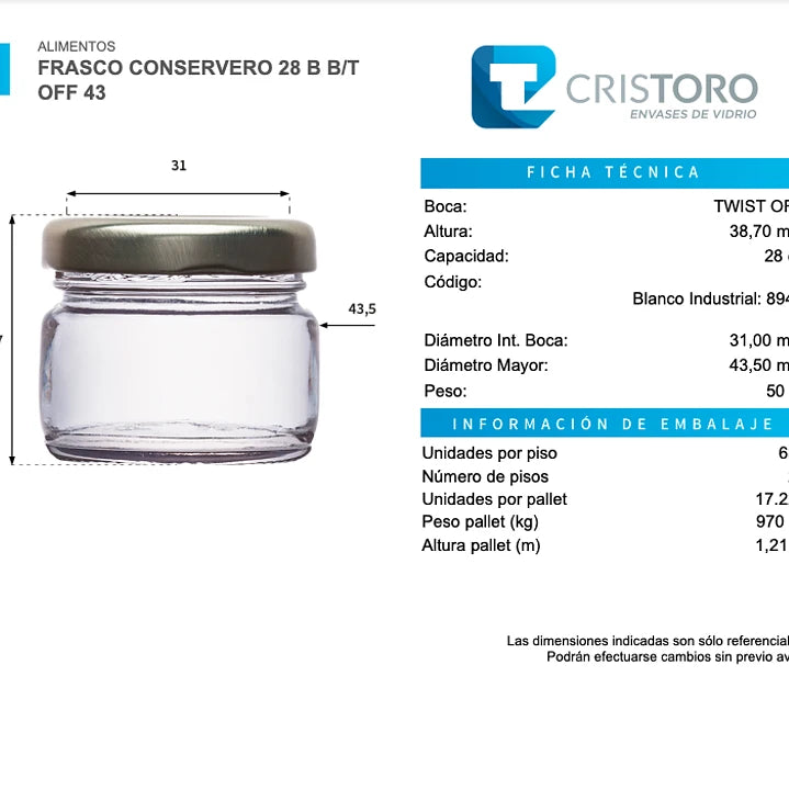 FRASCO CONSERVERO 28ml - PACK 64 UND.