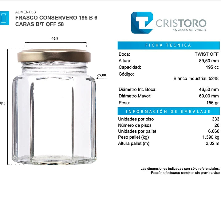 FRASCO CONSERVERO 195ml 6 CARAS B/AXIAL - PACK 30 UND.