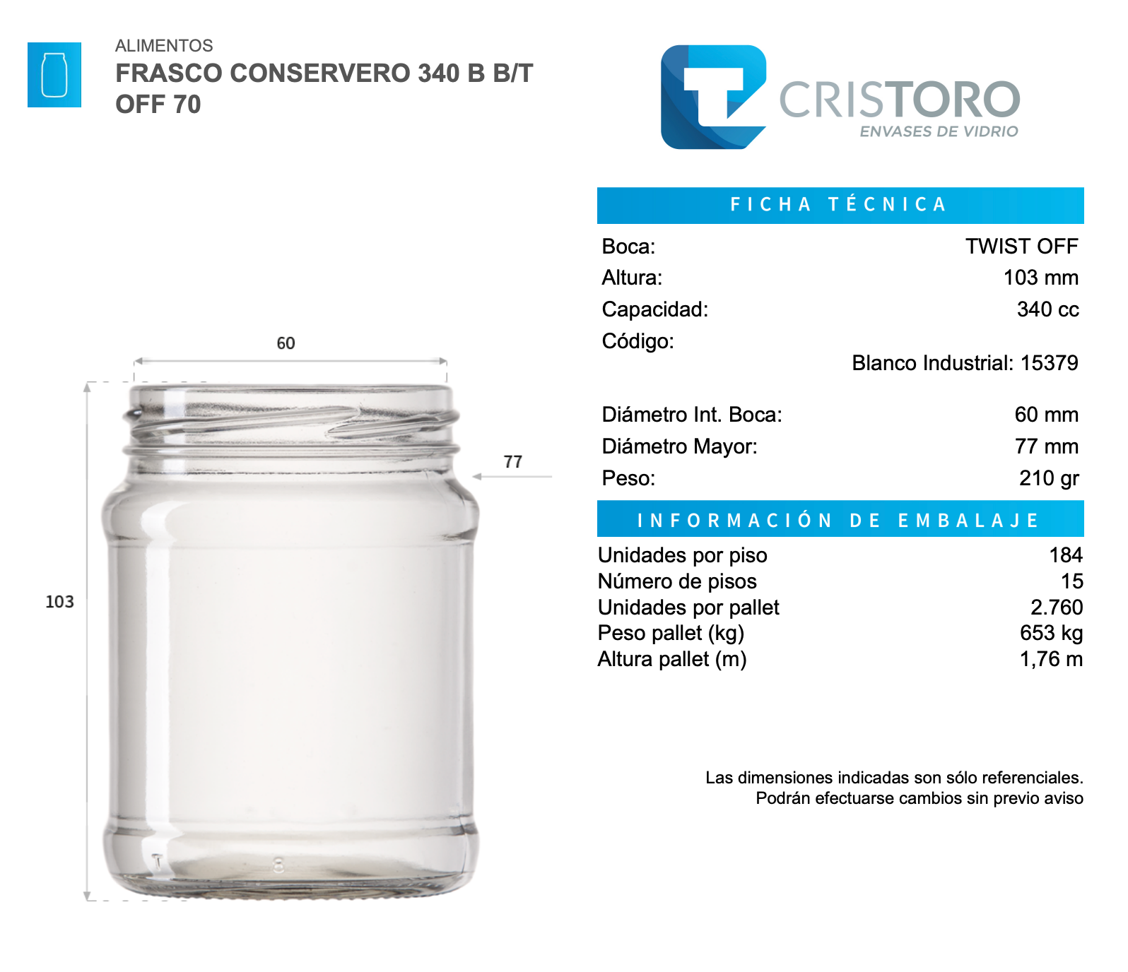 FRASCO VIDRIO CONSERVERO 340ml - PACK 23 UND.