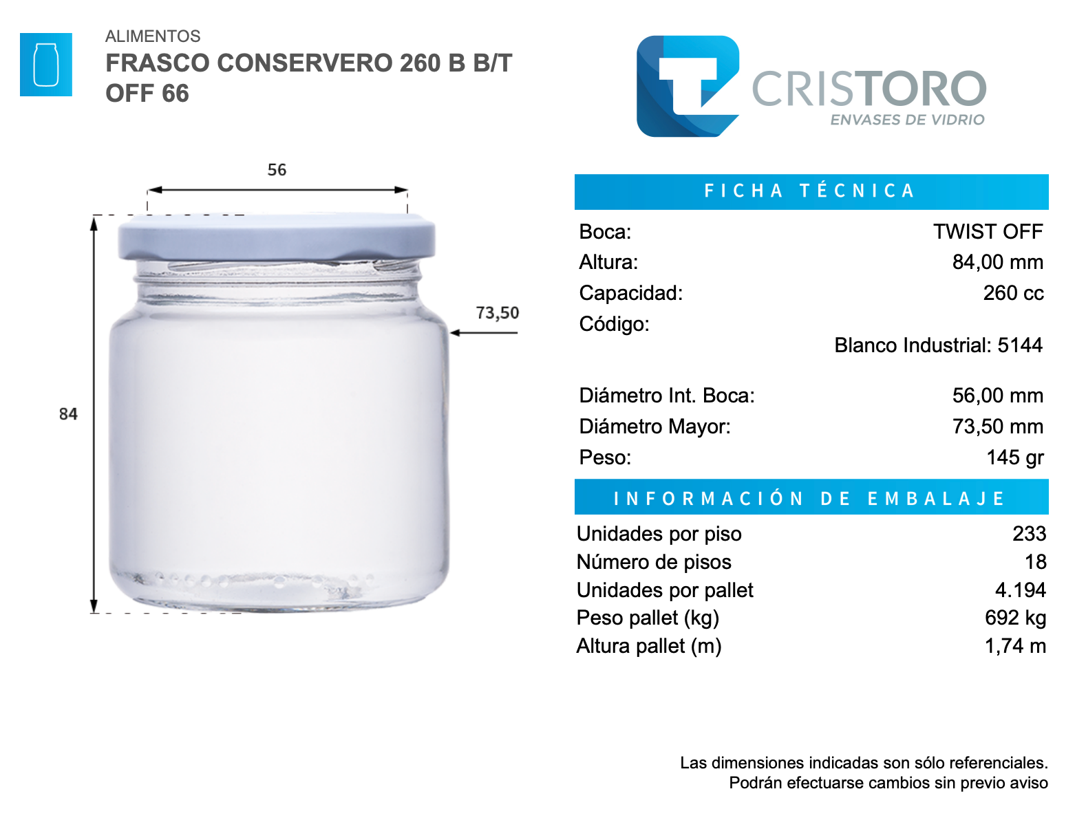 FRASCO VIDRIO CONSERVERO 260ml - PACK 36 UND.