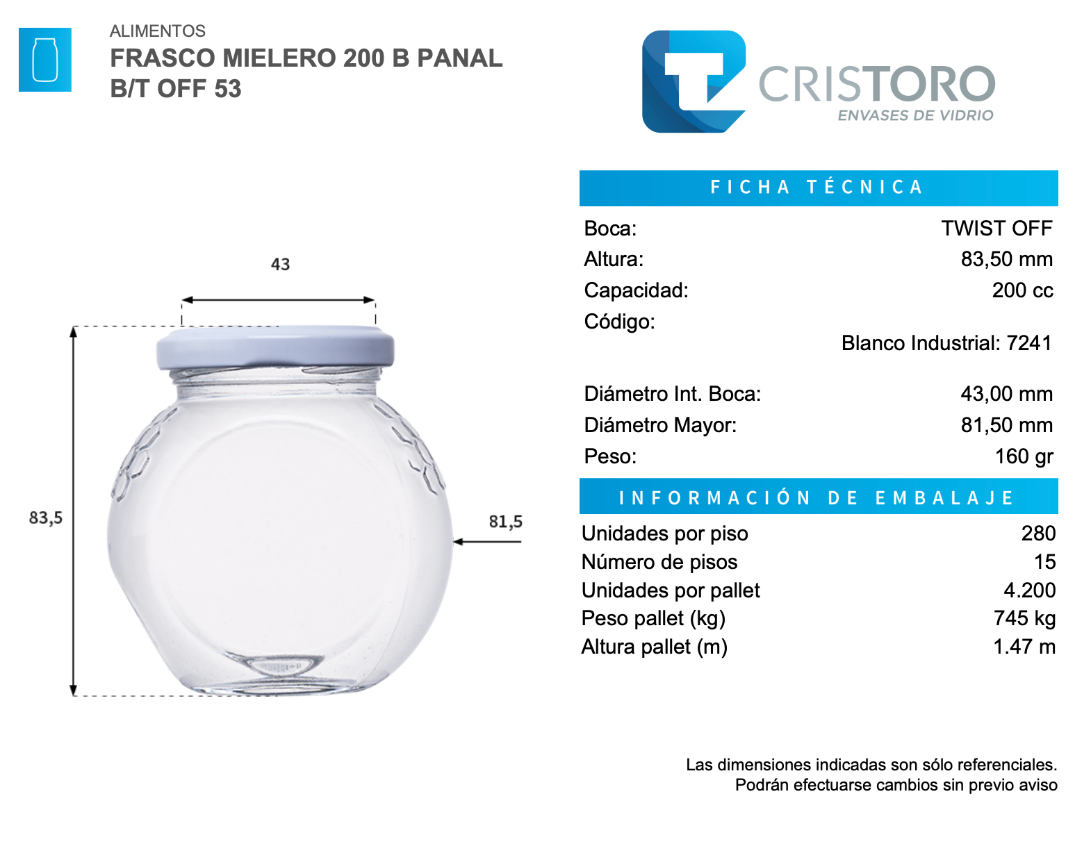 FRASCO CONSERVERO MIELERO PANAL 200ml  - PACK 30 UND.