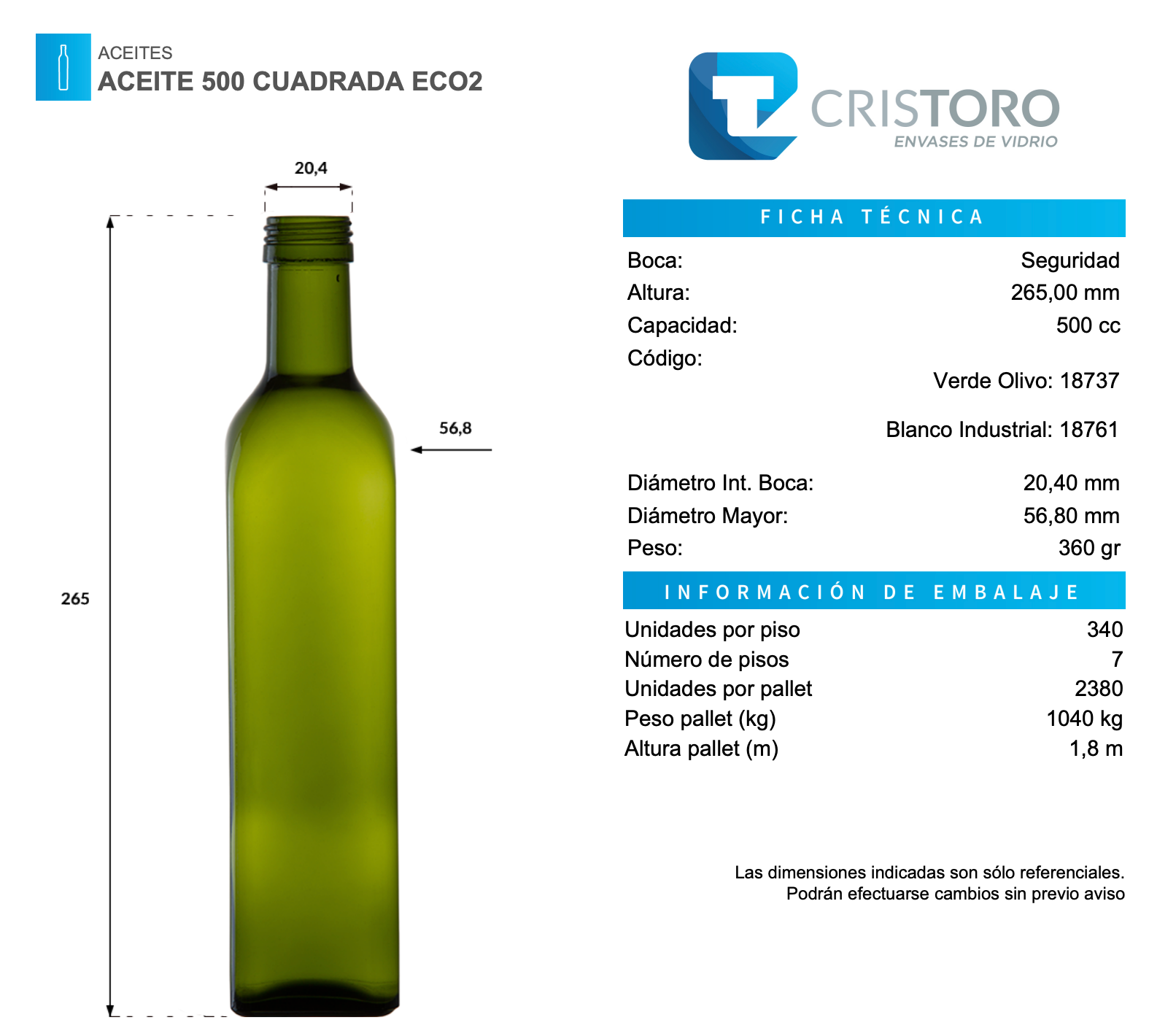 BOTELLA VIDRIO ACEITERA 500ml CUADRADA - PACK 35 UND.