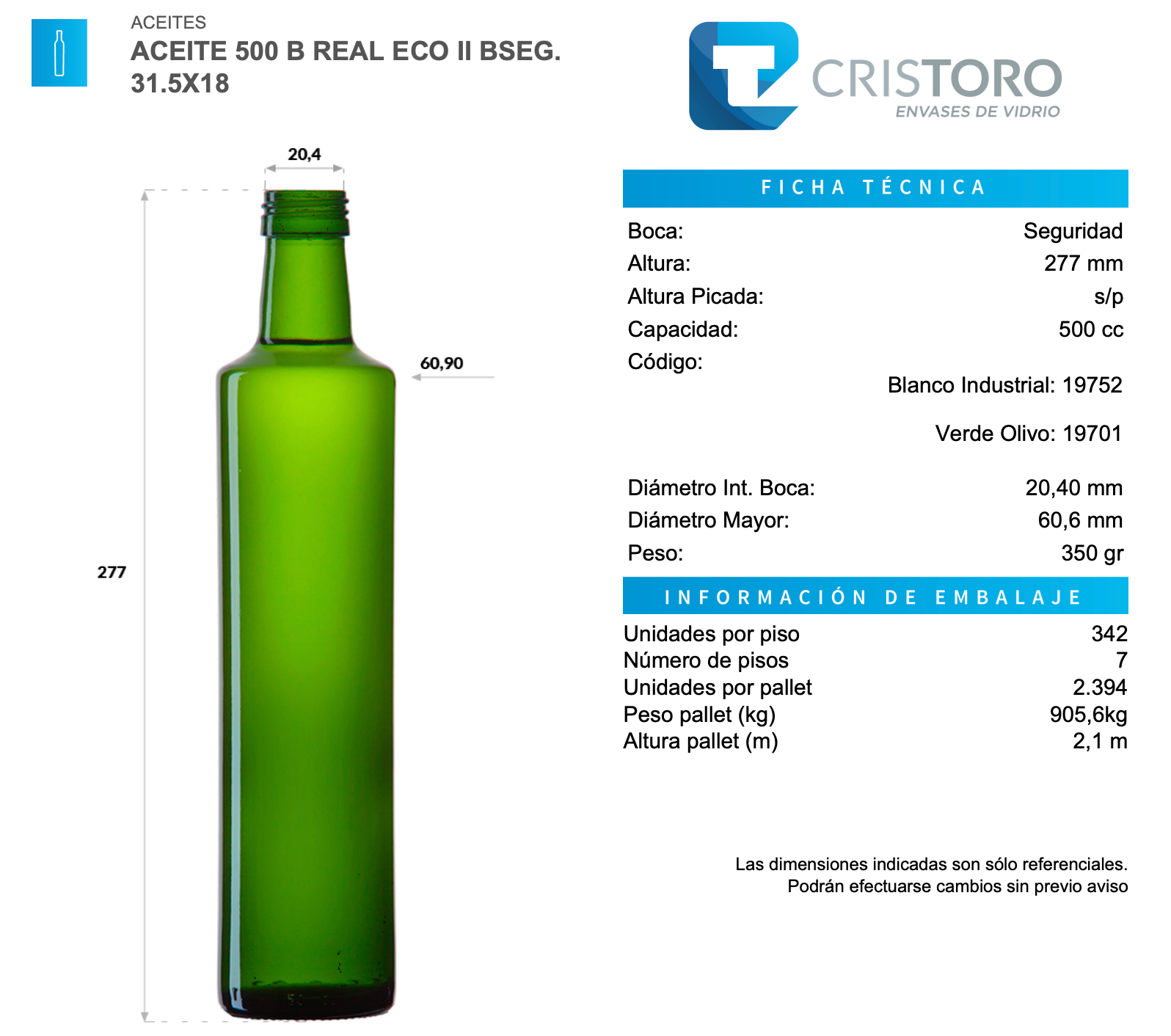 BOTELLA VIDRIO ACEITERA 500ml REAL - PACK 30 UND.