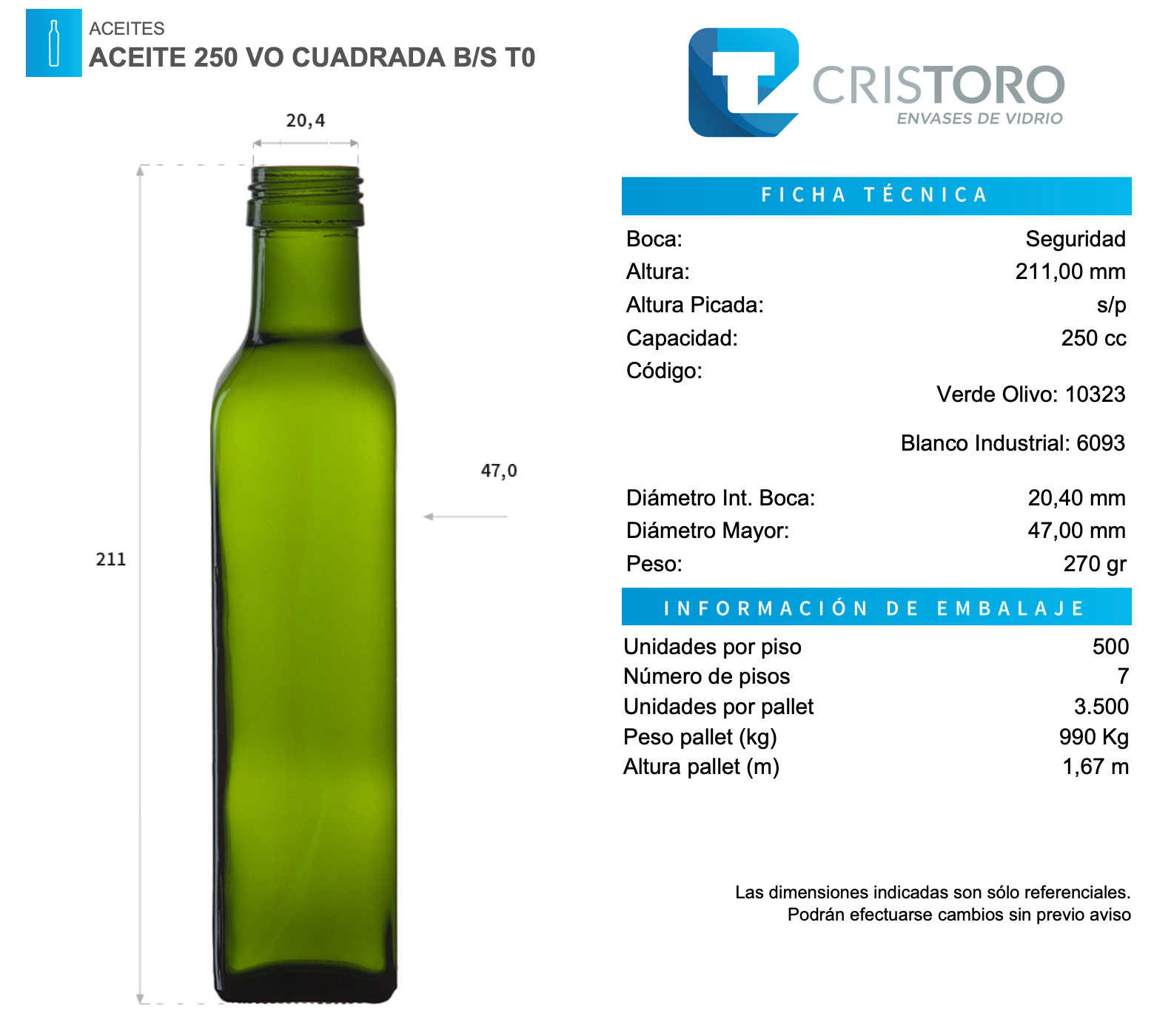 BOTELLA VIDRIO ACEITERA 250ml CUADRADA  - PACK 48 UND.