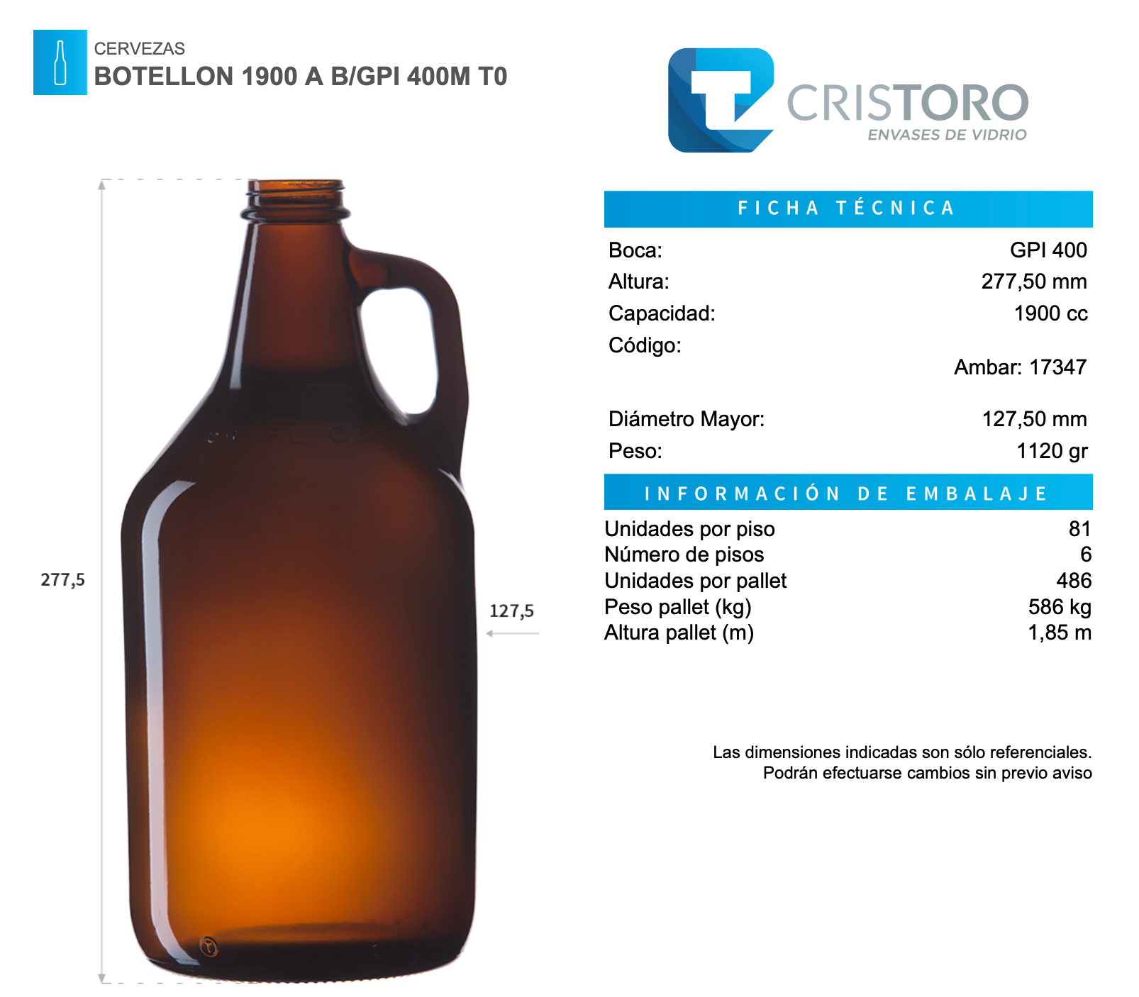 BOTELLA GROWLER VIDRIO 1,9Lts - PACK 6 UND.