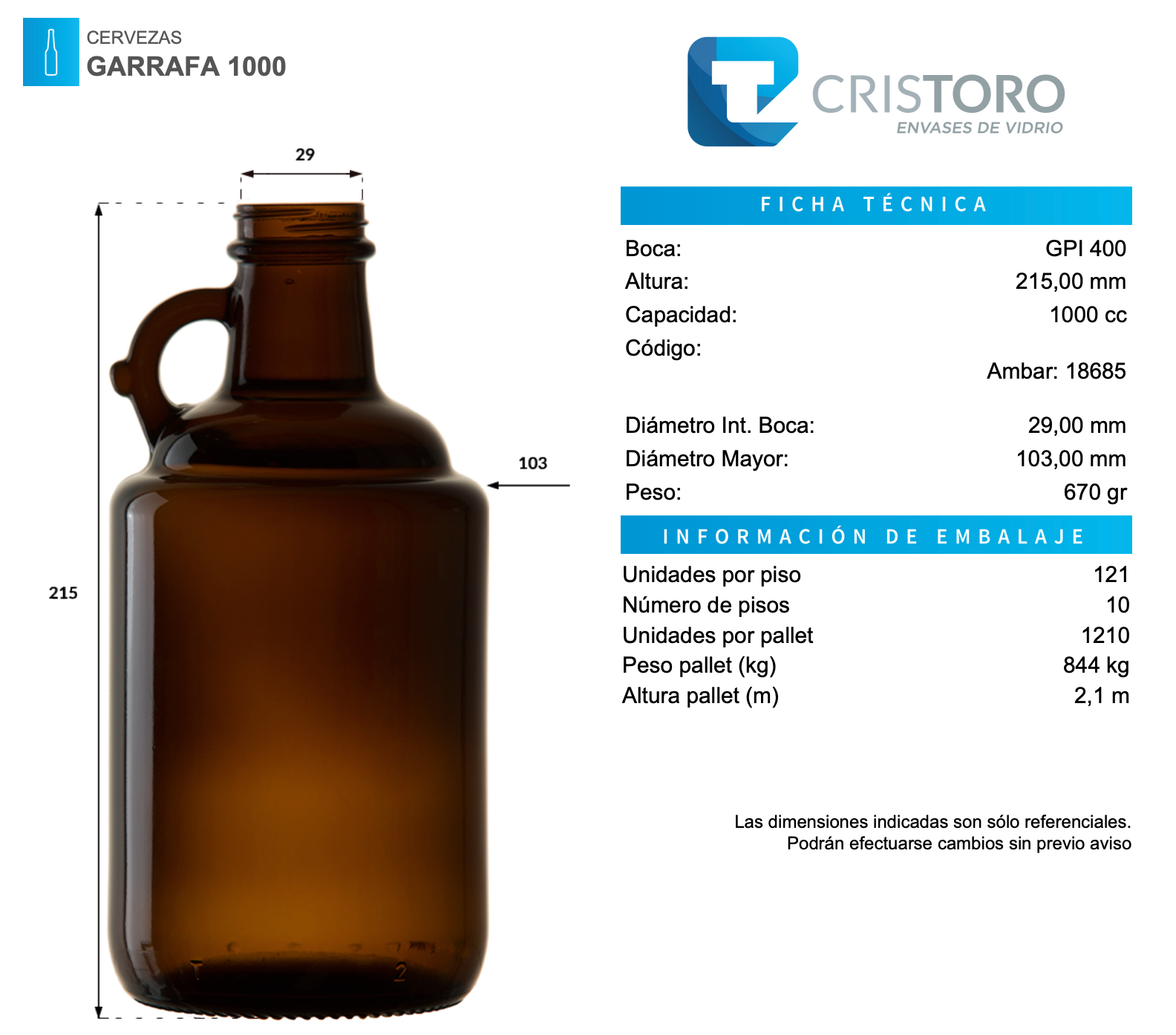 BOTELLA VIDRIO 1 Litro GROWLER AMBAR   - PACK 12 UND.