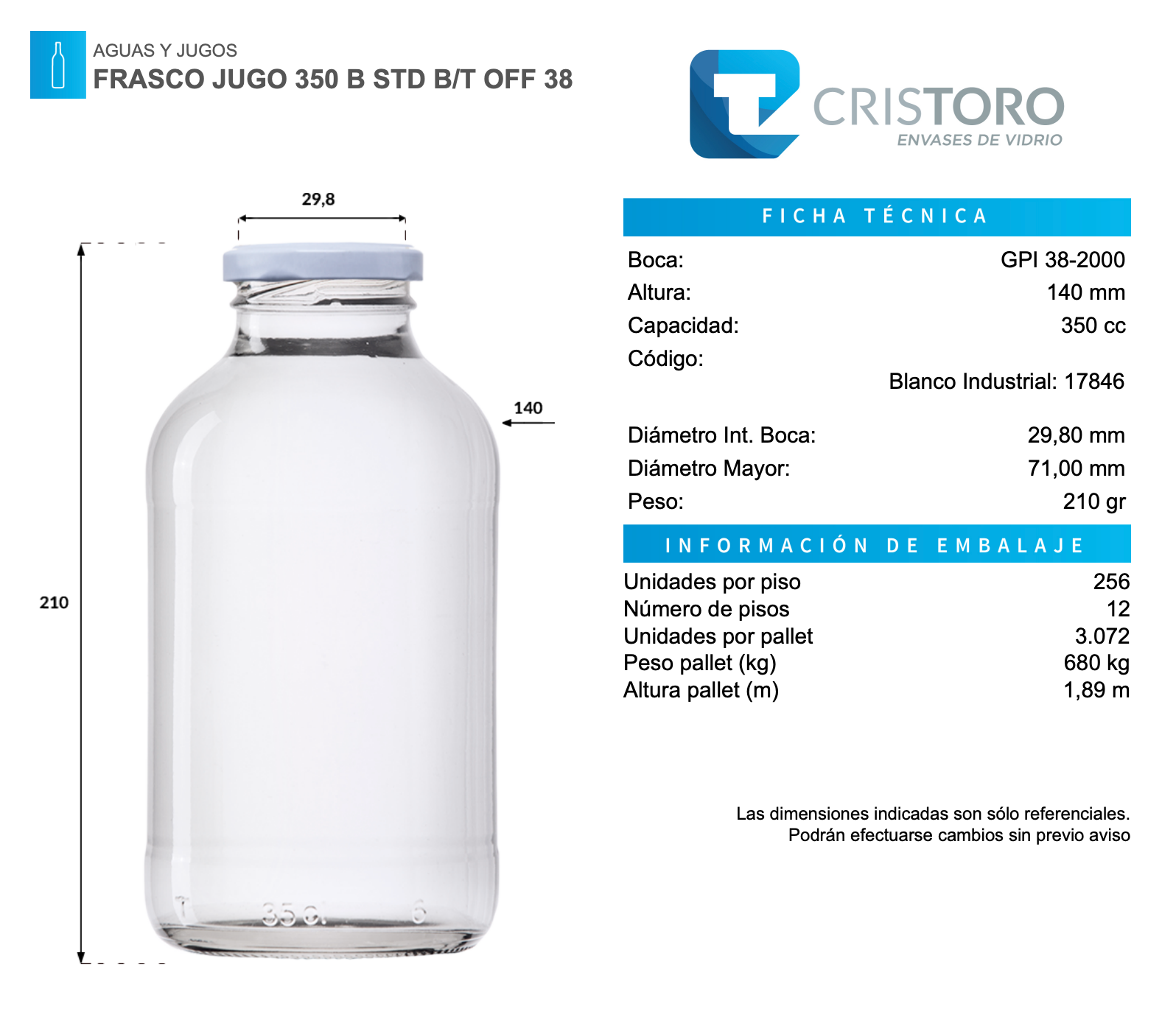 FRASCO DE VIDRIO PARA JUGO 350ml  - PACK 20 UND.