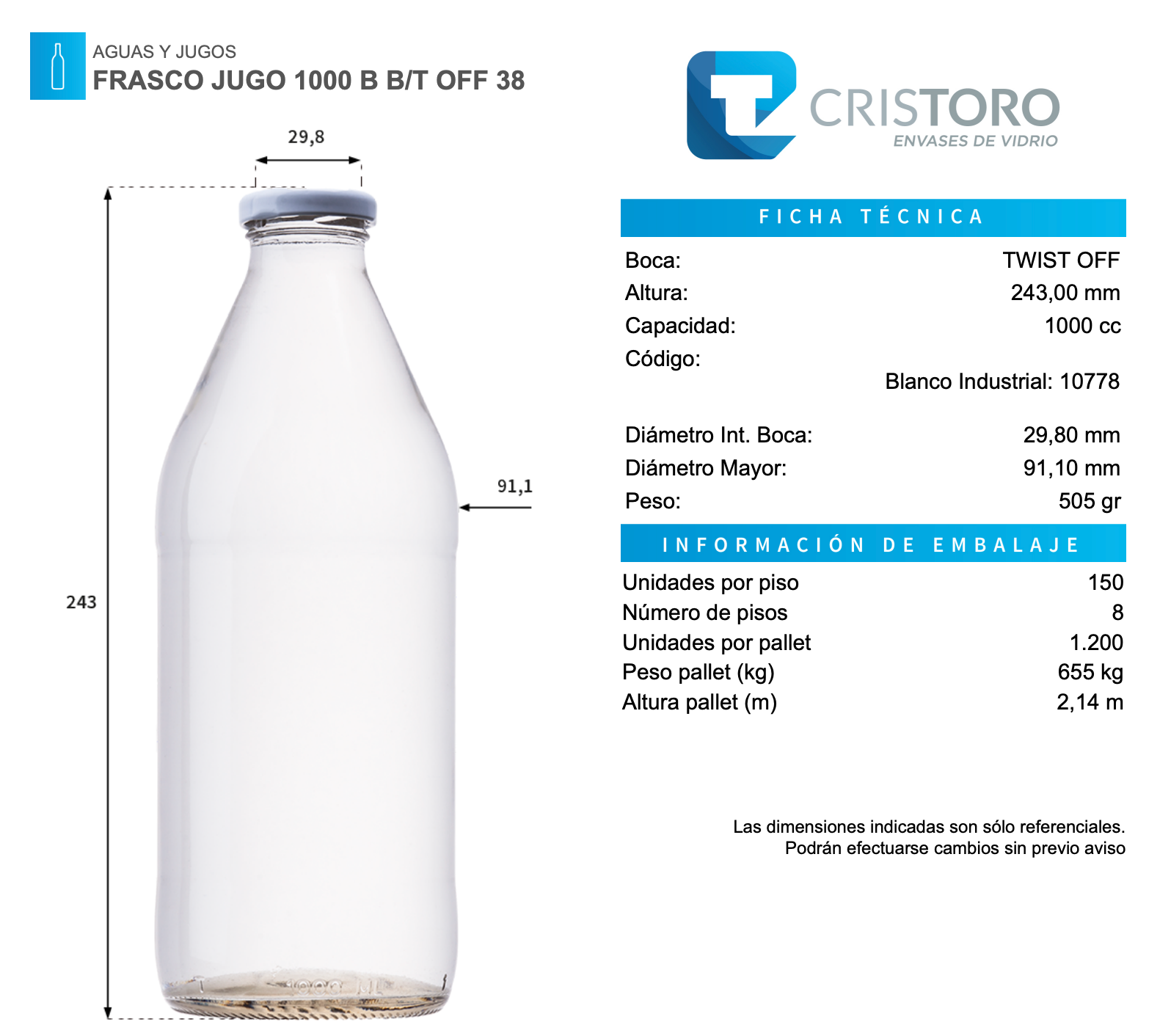FRASCO VIDRIO JUGO 1 Litro - PACK 16 UND.
